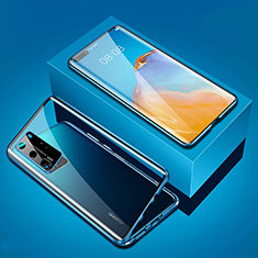 Handyhülle Hülle Luxus Aluminium Metall Rahmen Spiegel 360 Grad Ganzkörper Tasche T05 für Huawei P40 Pro Blau