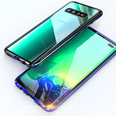 Handyhülle Hülle Luxus Aluminium Metall Rahmen Spiegel 360 Grad Ganzkörper Tasche T07 für Samsung Galaxy S10 Plus Blau und Schwarz
