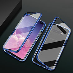 Handyhülle Hülle Luxus Aluminium Metall Rahmen Spiegel 360 Grad Ganzkörper Tasche T08 für Samsung Galaxy S10 Plus Blau