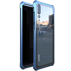 Handyhülle Hülle Luxus Aluminium Metall Rahmen Spiegel 360 Grad Tasche D01 für Huawei P20 Pro Blau