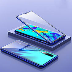 Handyhülle Hülle Luxus Aluminium Metall Rahmen Spiegel 360 Grad Tasche T01 für Huawei P30 Blau
