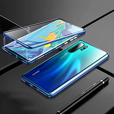 Handyhülle Hülle Luxus Aluminium Metall Rahmen Spiegel 360 Grad Tasche T01 für Huawei P30 Pro Blau