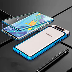 Handyhülle Hülle Luxus Aluminium Metall Rahmen Spiegel 360 Grad Tasche T01 für Samsung Galaxy A80 Blau