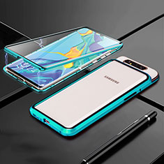 Handyhülle Hülle Luxus Aluminium Metall Rahmen Spiegel 360 Grad Tasche T01 für Samsung Galaxy A90 4G Cyan