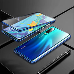 Handyhülle Hülle Luxus Aluminium Metall Rahmen Spiegel 360 Grad Tasche T03 für Huawei P30 Blau
