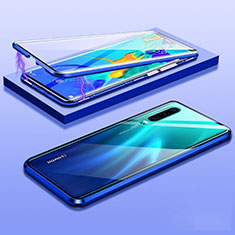 Handyhülle Hülle Luxus Aluminium Metall Rahmen Spiegel 360 Grad Tasche T07 für Huawei P30 Blau