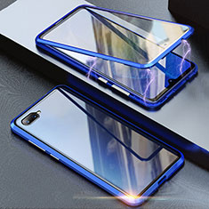 Handyhülle Hülle Luxus Aluminium Metall Rahmen Spiegel 360 Grad Tasche T08 für Oppo R15X Blau