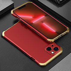 Handyhülle Hülle Luxus Aluminium Metall Tasche 360 Grad Ganzkörper für Apple iPhone 14 Gold und Rot