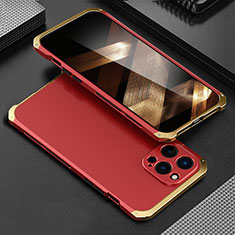 Handyhülle Hülle Luxus Aluminium Metall Tasche 360 Grad Ganzkörper für Apple iPhone 14 Pro Gold und Rot