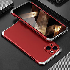 Handyhülle Hülle Luxus Aluminium Metall Tasche 360 Grad Ganzkörper für Apple iPhone 15 Plus Silber und Rot
