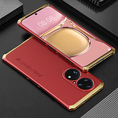 Handyhülle Hülle Luxus Aluminium Metall Tasche 360 Grad Ganzkörper für Huawei P50 Pro Gold und Rot