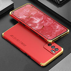 Handyhülle Hülle Luxus Aluminium Metall Tasche 360 Grad Ganzkörper für Oppo Reno6 5G Gold und Rot