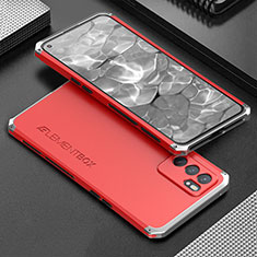 Handyhülle Hülle Luxus Aluminium Metall Tasche 360 Grad Ganzkörper für Oppo Reno6 5G Silber und Rot