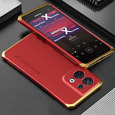 Handyhülle Hülle Luxus Aluminium Metall Tasche 360 Grad Ganzkörper für Oppo Reno8 5G Gold und Rot