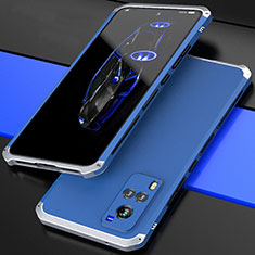 Handyhülle Hülle Luxus Aluminium Metall Tasche 360 Grad Ganzkörper für Vivo X60T 5G Silber und Blau