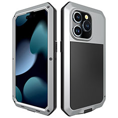 Handyhülle Hülle Luxus Aluminium Metall Tasche 360 Grad Ganzkörper HJ1 für Apple iPhone 14 Pro Silber