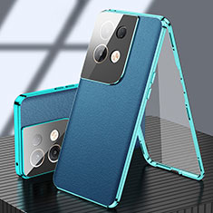 Handyhülle Hülle Luxus Aluminium Metall Tasche 360 Grad Ganzkörper P02 für Oppo Reno8 Pro+ Plus 5G Blau