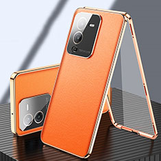 Handyhülle Hülle Luxus Aluminium Metall und Leder Tasche 360 Grad Ganzkörper für Vivo V25 Pro 5G Orange