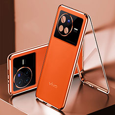 Handyhülle Hülle Luxus Aluminium Metall und Leder Tasche 360 Grad Ganzkörper für Vivo X80 5G Orange