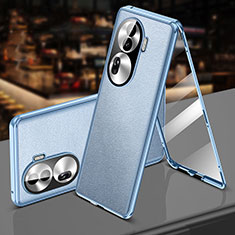 Handyhülle Hülle Luxus Aluminium Metall und Leder Tasche 360 Grad Ganzkörper P01 für Oppo Reno11 Pro 5G Hellblau