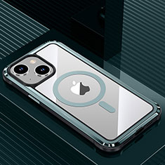 Handyhülle Hülle Luxus Aluminium Metall und Silikon Rahmen Tasche mit Mag-Safe Magnetic Magnetisch QC1 für Apple iPhone 13 Cyan