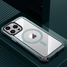 Handyhülle Hülle Luxus Aluminium Metall und Silikon Rahmen Tasche mit Mag-Safe Magnetic Magnetisch QC1 für Apple iPhone 13 Pro Cyan