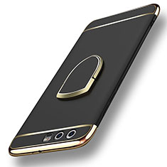 Handyhülle Hülle Luxus Metall Rahmen und Kunststoff mit Fingerring Ständer für Huawei Honor 9 Premium Schwarz