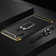 Handyhülle Hülle Luxus Metall Rahmen und Kunststoff Schutzhülle Hartschalen Tasche mit Fingerring Ständer A01 für Samsung Galaxy A20s Schwarz