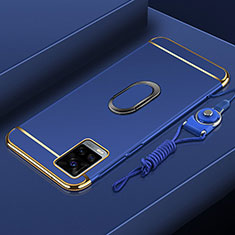 Handyhülle Hülle Luxus Metall Rahmen und Kunststoff Schutzhülle Hartschalen Tasche mit Fingerring Ständer A01 für Vivo V20 Pro 5G Blau