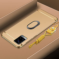 Handyhülle Hülle Luxus Metall Rahmen und Kunststoff Schutzhülle Hartschalen Tasche mit Fingerring Ständer A01 für Vivo V20 Pro 5G Gold