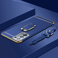 Handyhülle Hülle Luxus Metall Rahmen und Kunststoff Schutzhülle Hartschalen Tasche mit Fingerring Ständer für Oppo Reno6 Pro+ Plus 5G Blau