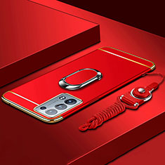 Handyhülle Hülle Luxus Metall Rahmen und Kunststoff Schutzhülle Hartschalen Tasche mit Fingerring Ständer für Oppo Reno6 Pro+ Plus 5G Rot