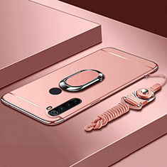 Handyhülle Hülle Luxus Metall Rahmen und Kunststoff Schutzhülle Hartschalen Tasche mit Fingerring Ständer K01 für Xiaomi Redmi Note 8 (2021) Rosegold