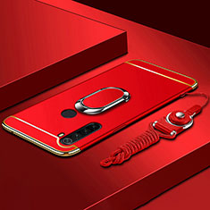 Handyhülle Hülle Luxus Metall Rahmen und Kunststoff Schutzhülle Hartschalen Tasche mit Fingerring Ständer K01 für Xiaomi Redmi Note 8 (2021) Rot
