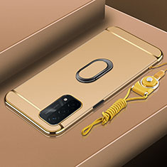 Handyhülle Hülle Luxus Metall Rahmen und Kunststoff Schutzhülle Hartschalen Tasche mit Fingerring Ständer P01 für Oppo A54 5G Gold