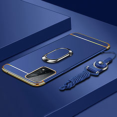 Handyhülle Hülle Luxus Metall Rahmen und Kunststoff Schutzhülle Hartschalen Tasche mit Fingerring Ständer P03 für OnePlus Nord N200 5G Blau