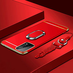 Handyhülle Hülle Luxus Metall Rahmen und Kunststoff Schutzhülle Hartschalen Tasche mit Fingerring Ständer P03 für OnePlus Nord N200 5G Rot