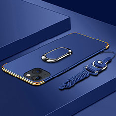 Handyhülle Hülle Luxus Metall Rahmen und Kunststoff Schutzhülle Hartschalen Tasche mit Fingerring Ständer und Lanyard für Apple iPhone 13 Mini Blau