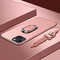 Handyhülle Hülle Luxus Metall Rahmen und Kunststoff Schutzhülle Hartschalen Tasche mit Fingerring Ständer und Lanyard für Apple iPhone 13 Mini Rosegold
