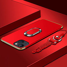 Handyhülle Hülle Luxus Metall Rahmen und Kunststoff Schutzhülle Hartschalen Tasche mit Fingerring Ständer und Lanyard für Apple iPhone 13 Mini Rot