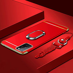 Handyhülle Hülle Luxus Metall Rahmen und Kunststoff Schutzhülle Hartschalen Tasche mit Fingerring Ständer und Lanyard für Oppo A52 Rot