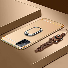 Handyhülle Hülle Luxus Metall Rahmen und Kunststoff Schutzhülle Hartschalen Tasche mit Fingerring Ständer und Lanyard für Oppo A92 Gold