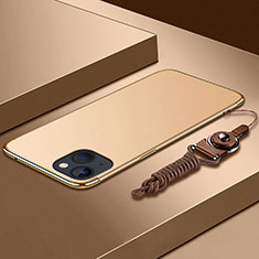 Handyhülle Hülle Luxus Metall Rahmen und Kunststoff Schutzhülle Hartschalen Tasche mit Lanyard für Apple iPhone 13 Mini Gold