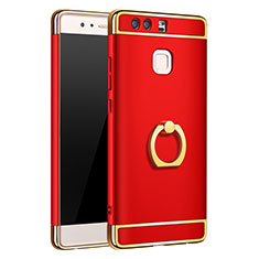 Handyhülle Hülle Luxus Metall Rahmen und Kunststoff Schutzhülle Tasche mit Fingerring Ständer A01 für Huawei P9 Rot
