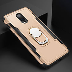 Handyhülle Hülle Luxus Metall Rahmen und Kunststoff Schutzhülle Tasche mit Fingerring Ständer A01 für OnePlus 6T Gold