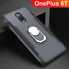 Handyhülle Hülle Luxus Metall Rahmen und Kunststoff Schutzhülle Tasche mit Fingerring Ständer A01 für OnePlus 6T Grau