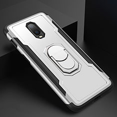 Handyhülle Hülle Luxus Metall Rahmen und Kunststoff Schutzhülle Tasche mit Fingerring Ständer A01 für OnePlus 6T Silber