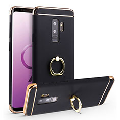 Handyhülle Hülle Luxus Metall Rahmen und Kunststoff Schutzhülle Tasche mit Fingerring Ständer A01 für Samsung Galaxy S9 Plus Schwarz