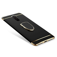 Handyhülle Hülle Luxus Metall Rahmen und Kunststoff Schutzhülle Tasche mit Fingerring Ständer A01 für Xiaomi Pocophone F1 Schwarz