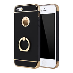 Handyhülle Hülle Luxus Metall Rahmen und Kunststoff Schutzhülle Tasche mit Fingerring Ständer A02 für Apple iPhone 5 Schwarz